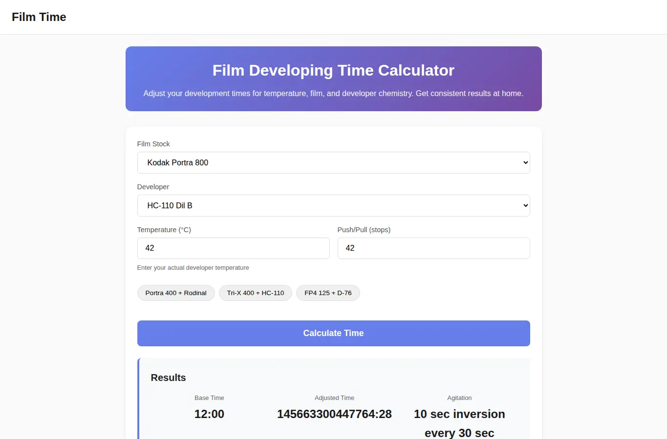 Screenshot of Film Developing Time Calculator interface showing the project page in use